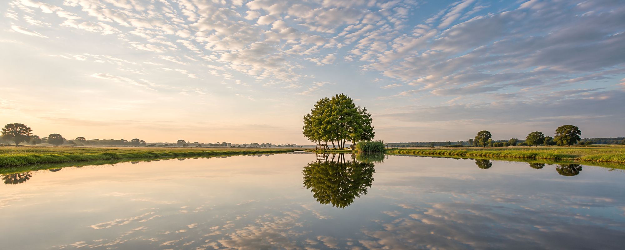 Un arbre isolé et son reflet, à l'aube, sur une eau parfaitement calme