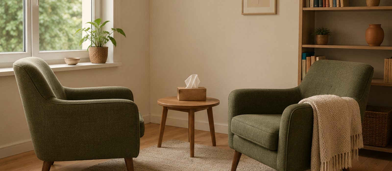 Deux fauteuils face à face près d'une fenêtre, dans une pièce claire