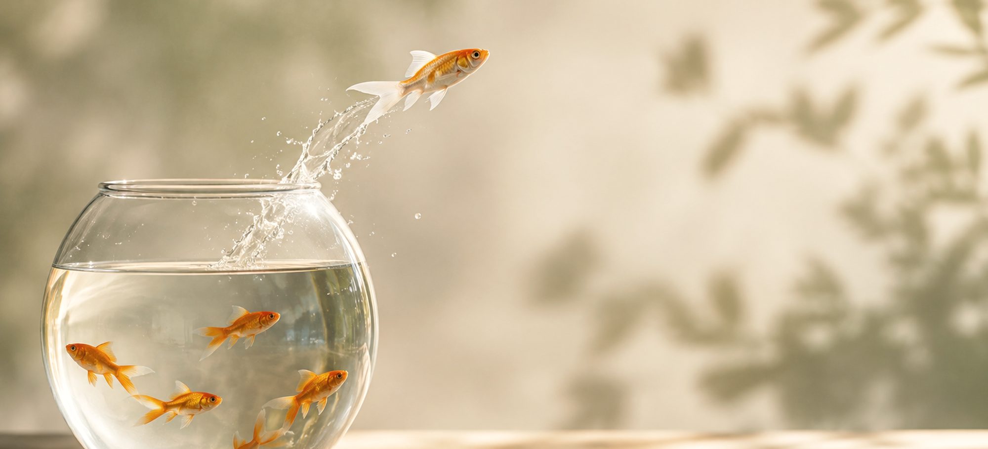 Un poisson qui s'élance hors de son bocal, dans une lumière douce