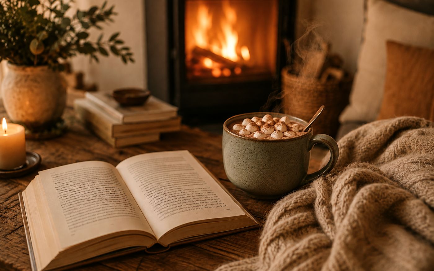 Un livre ouvert près d'un feu, une tasse et un plaid