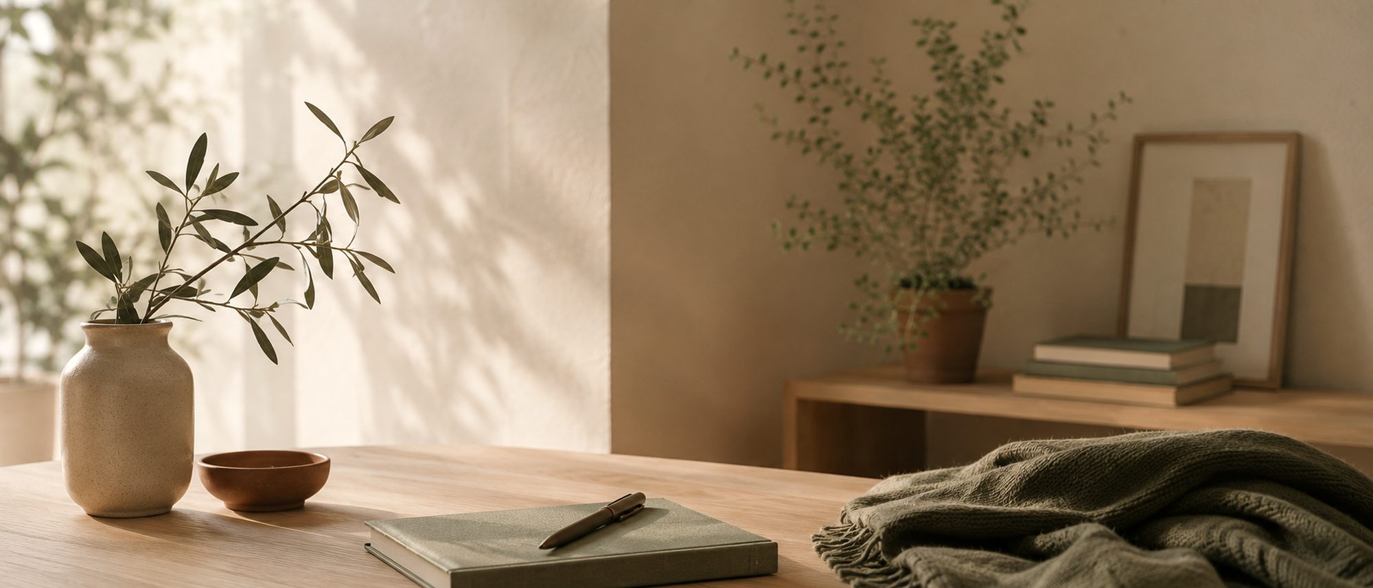 Une table de bois près d'une fenêtre : un vase, un carnet fermé, un plaid